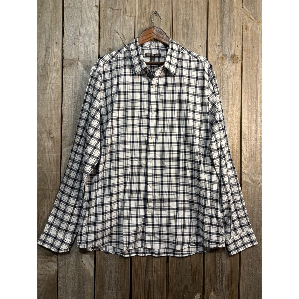 Michael Kors Mens XXL‎ Slim Fit Plaid Button Down Shirt Navy White Long Sleeve
